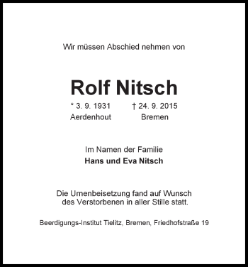 Traueranzeige von Rolf Nitsch