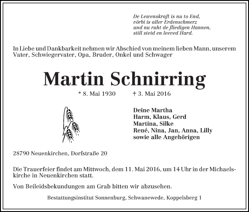 Traueranzeige von Martin Schnirring von Die Norddeutsche