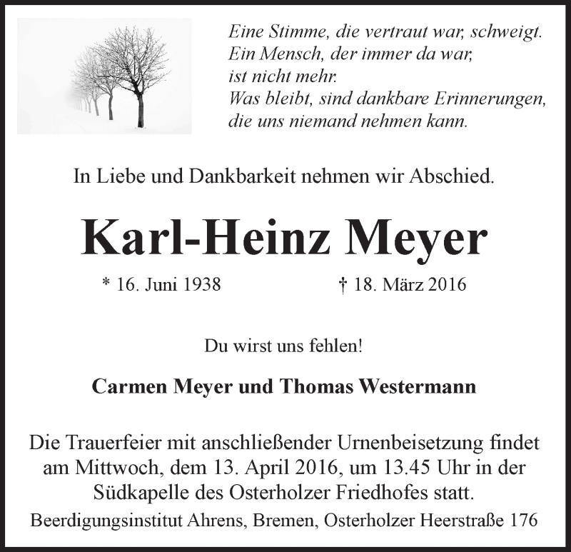  Traueranzeige für Karl-Heinz Meyer vom 09.04.2016 aus WESER-KURIER
