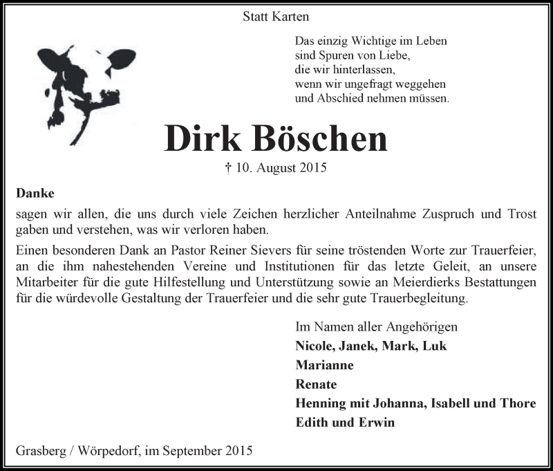  Traueranzeige für Dirk Böschen vom 12.09.2015 aus Wuemme Zeitung