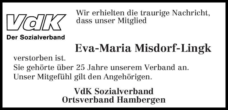 Traueranzeige von Eva-Maria Misdorf-Lingk von Osterholzer Kreisblatt