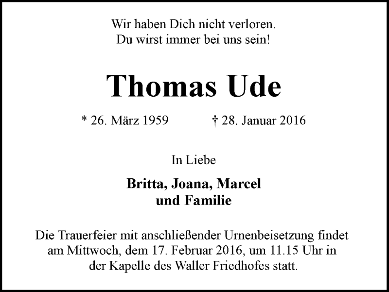  Traueranzeige für Thomas Ude vom 06.02.2016 aus WESER-KURIER