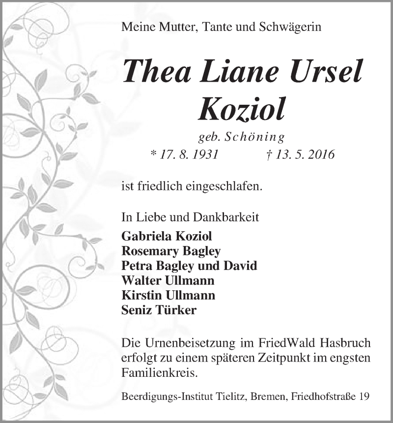 Traueranzeige von Thea Liane Ursel Koziol von WESER-KURIER
