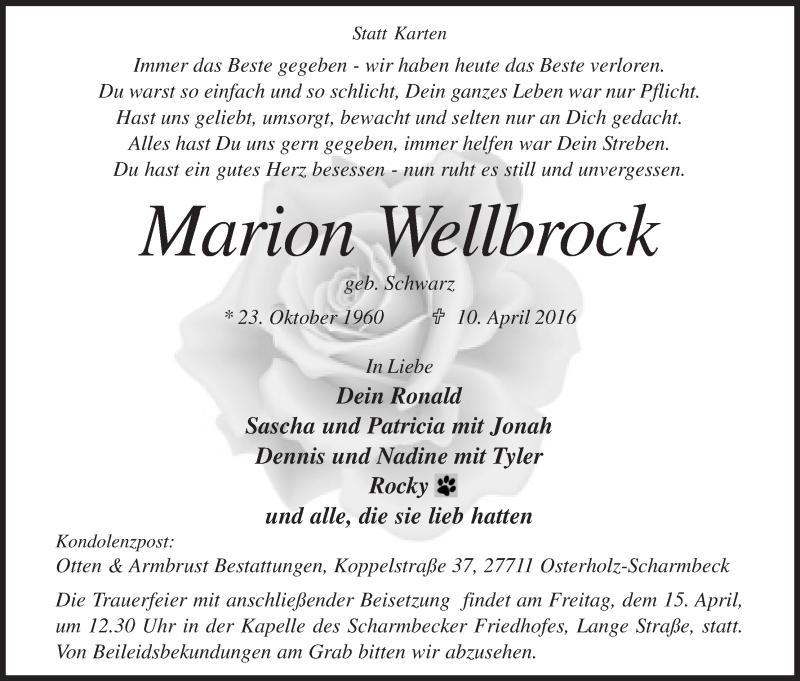 Traueranzeige von Marion Wellbrock von Osterholzer Kreisblatt