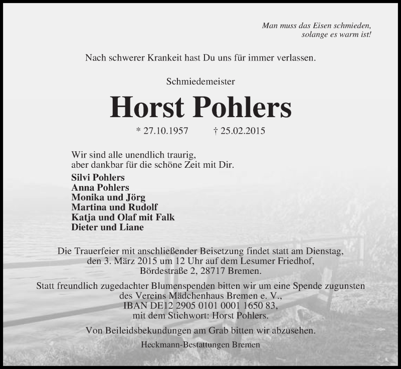  Traueranzeige für Horst Pohlers vom 28.02.2015 aus Die Norddeutsche