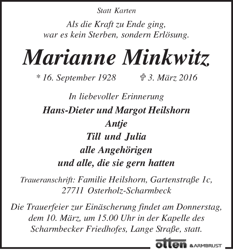 Traueranzeige von Marianne Minkwitz von Osterholzer Kreisblatt