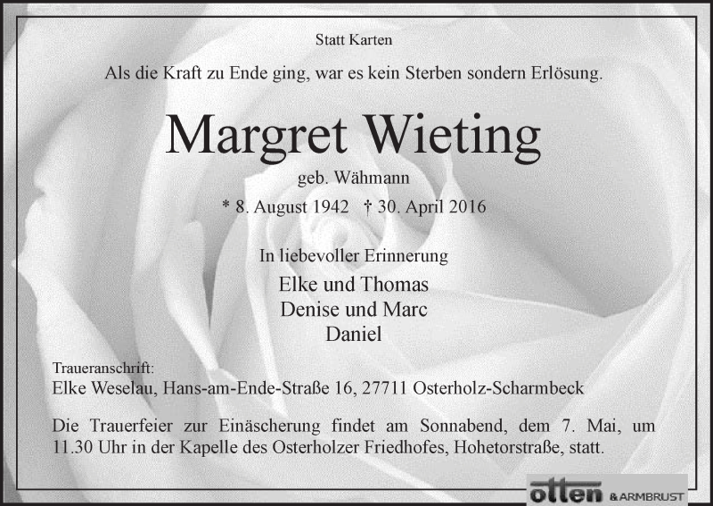 Traueranzeige von Margret Wieting von Osterholzer Kreisblatt