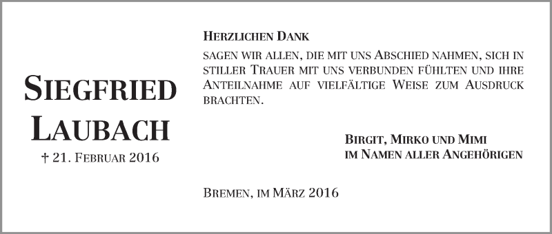 Traueranzeige von Siegfried Laubach von Die Norddeutsche