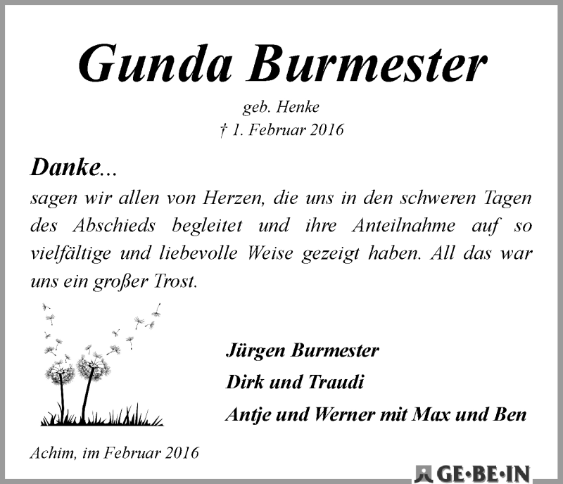 Traueranzeige von Gunda Burmester von WESER-KURIER