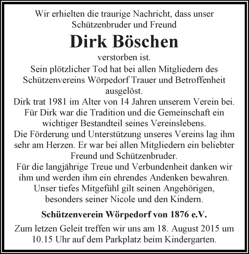 Traueranzeige für Dirk Böschen vom 14.08.2015 aus Wuemme Zeitung