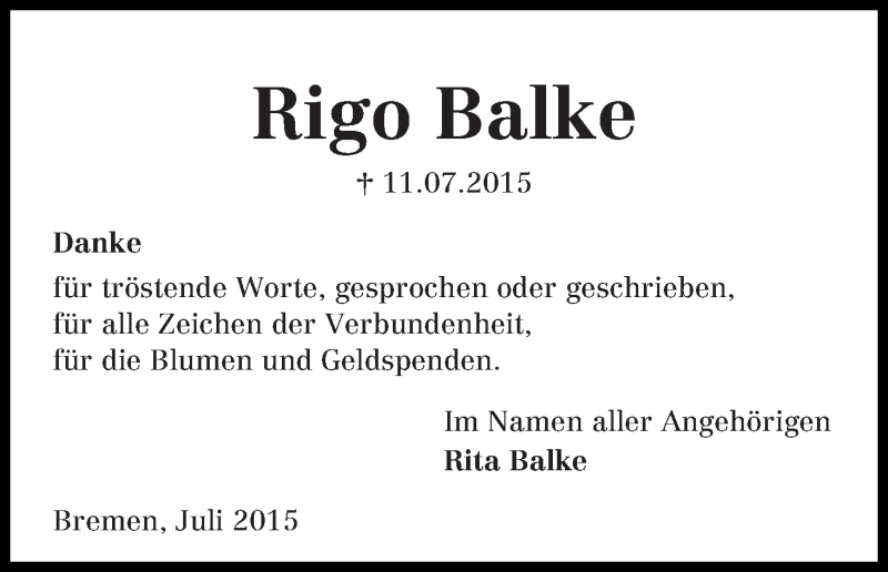 Traueranzeige von Rigo Balke von Die Norddeutsche