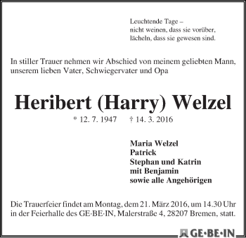 Traueranzeige von Heribert (Harry) Welzel