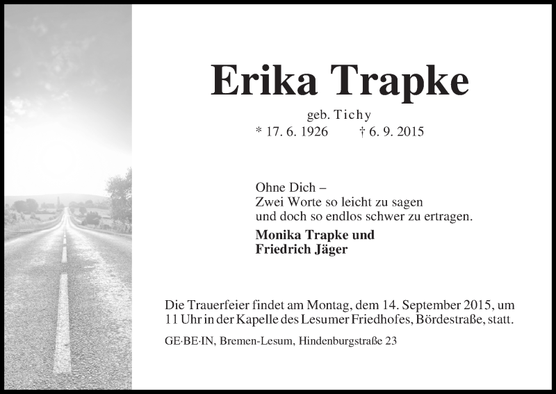 Traueranzeige von Erika Trapke von WESER-KURIER