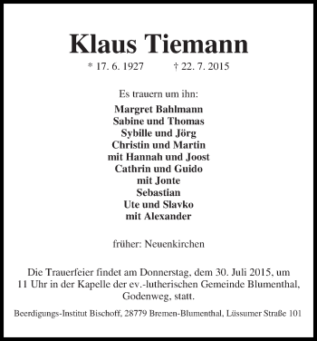 Traueranzeige von Klaus Tiemann