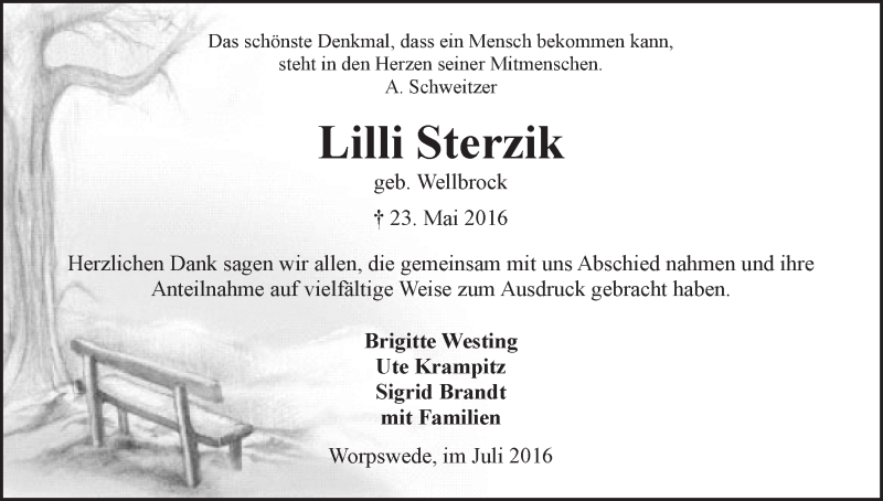 Traueranzeige von Lilli Sterzik von Wuemme Zeitung