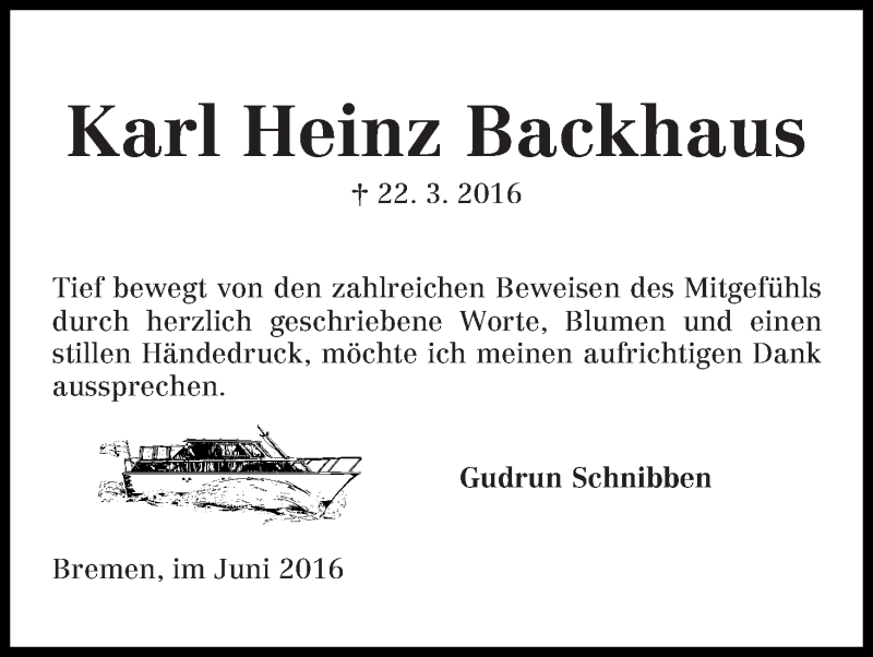 Traueranzeige von Karl Heinz Backhaus von Die Norddeutsche