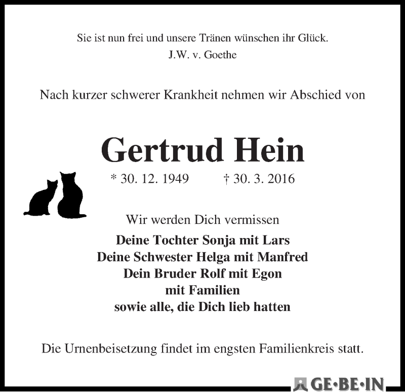 Traueranzeige von Gertrud Hein von WESER-KURIER