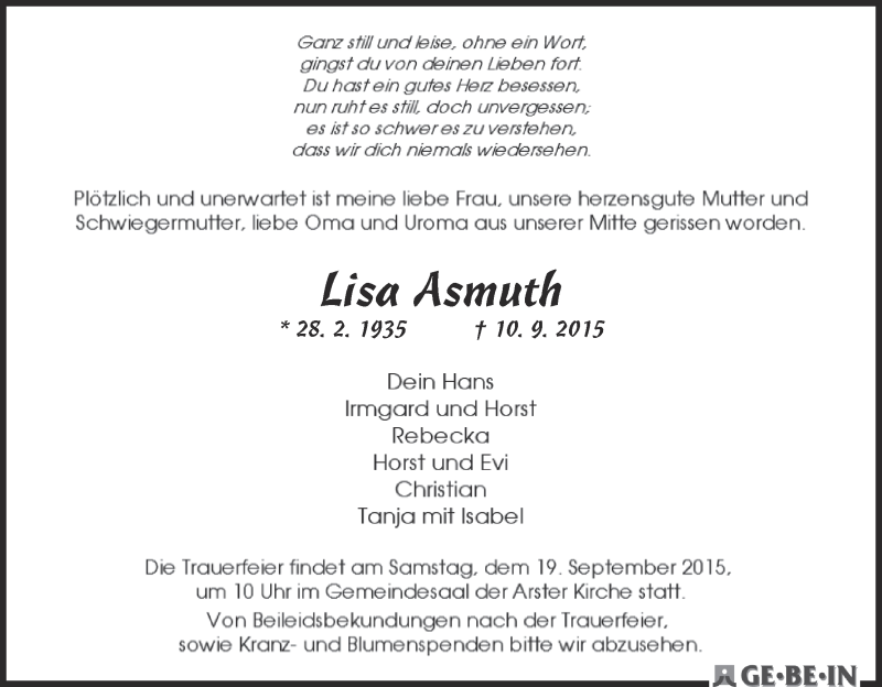 Traueranzeige von Lisa Asmuth von WESER-KURIER