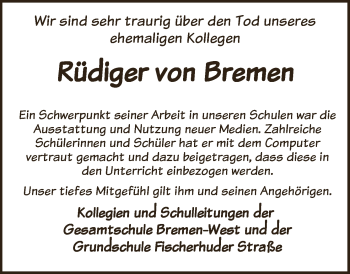 Traueranzeige von Rüdiger von Bremen