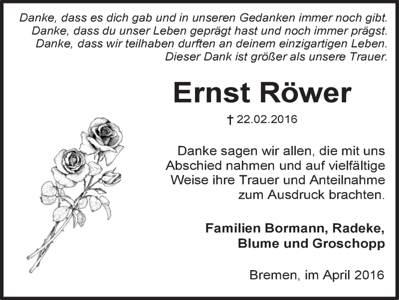 Traueranzeige von Ernst Röwer von WESER-KURIER