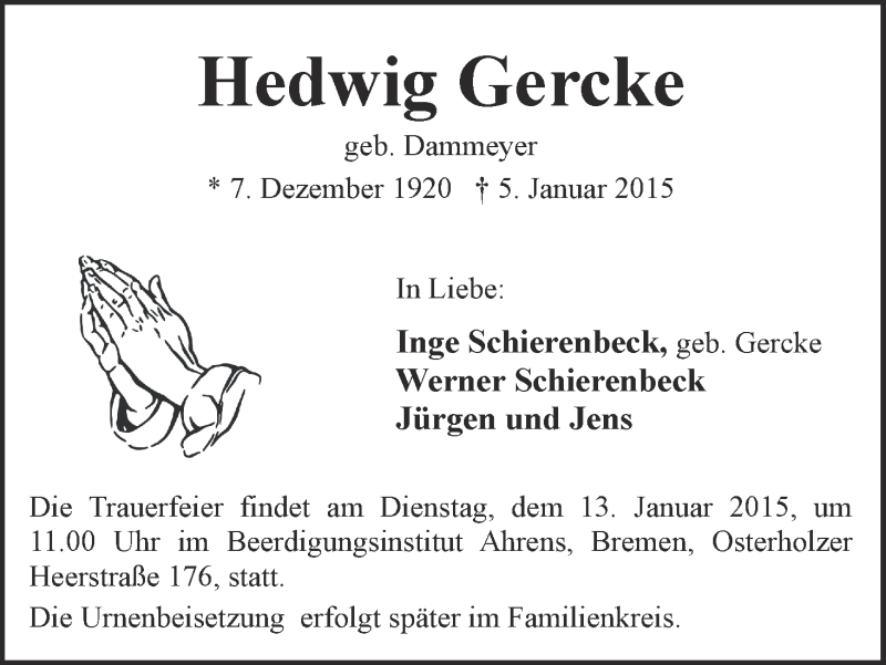 Traueranzeige von Hedwig Gercke von WESER-KURIER