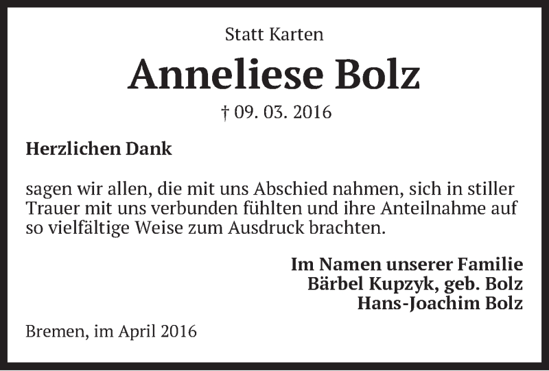Traueranzeige von Anneliese Bolz von WESER-KURIER