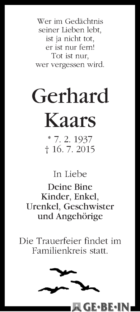 Traueranzeige von Gerhard Kaars von WESER-KURIER