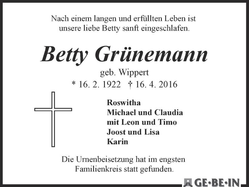 Traueranzeige von Betty Grünemann von WESER-KURIER