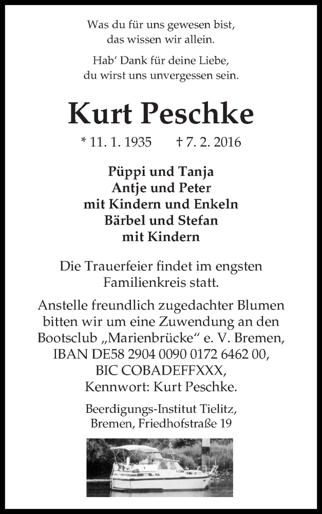 Traueranzeige von Kurt Peschke von WESER-KURIER