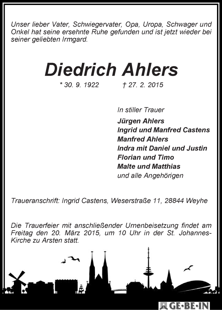 Traueranzeige von Diedrich Ahlers von WESER-KURIER