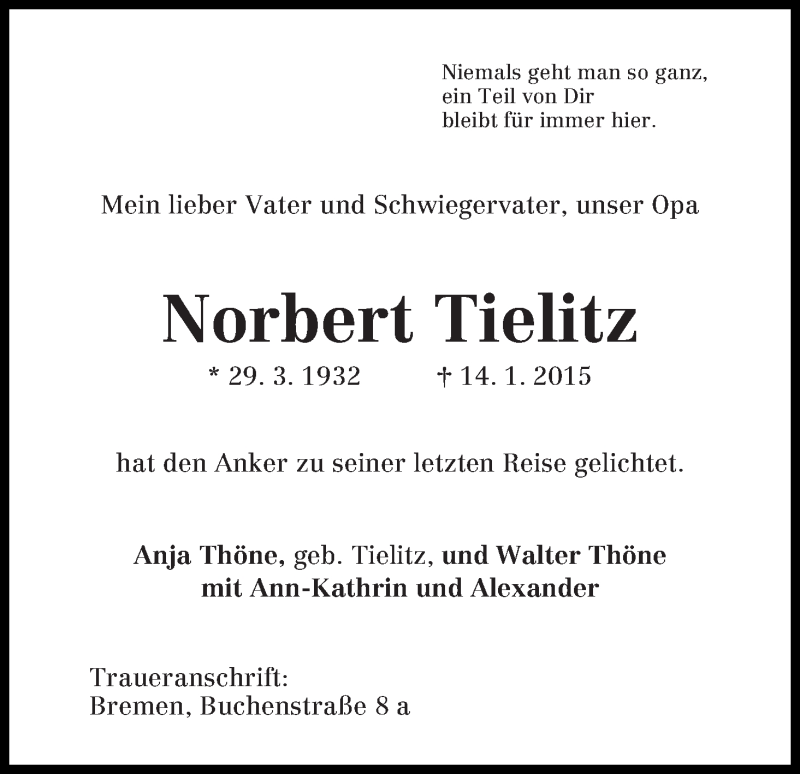 Traueranzeige von Norbert Tielitz von WESER-KURIER