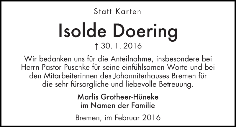  Traueranzeige für Isolde Doering vom 24.02.2016 aus WESER-KURIER