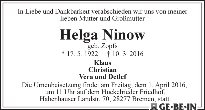 Traueranzeige von Helga Ninow von WESER-KURIER