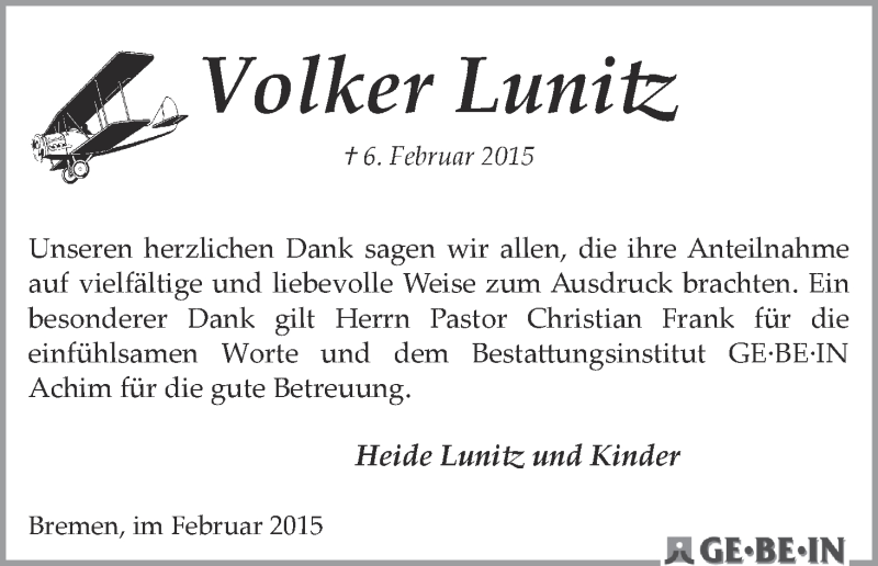 Traueranzeige von Volker Lunitz von WESER-KURIER