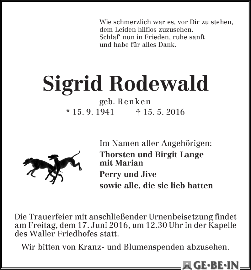 Traueranzeige von Sigrid Rodewald von WESER-KURIER