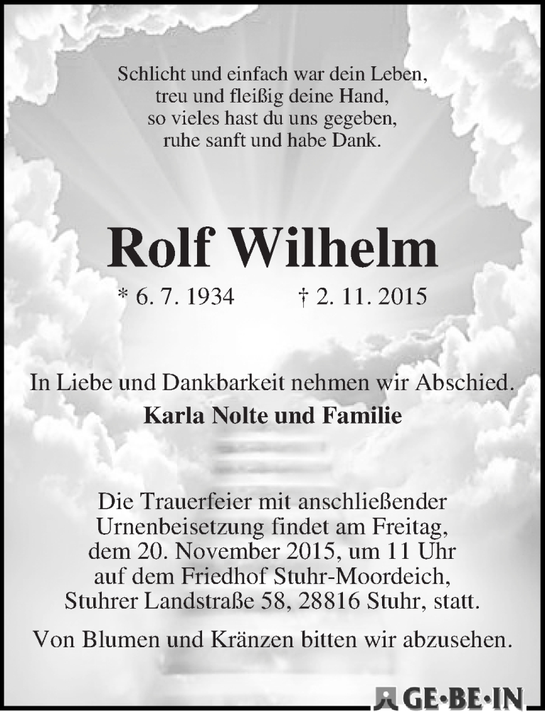 Traueranzeige von Rolf Wilhelm von WESER-KURIER