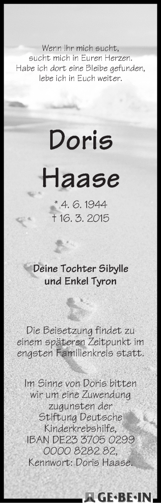 Traueranzeige von Doris Haase von WESER-KURIER