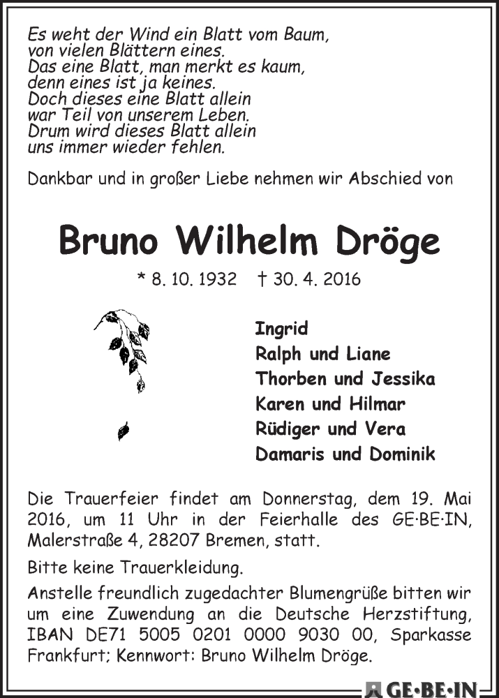 Traueranzeige von Bruno Wilhelm Dröge von WESER-KURIER