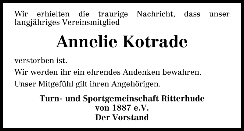 Traueranzeige von Annelie Kotrade von Osterholzer Kreisblatt