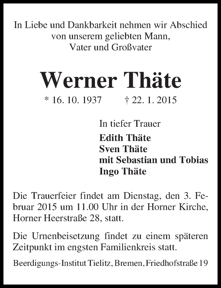 Traueranzeige von Werner Thäte von WESER-KURIER