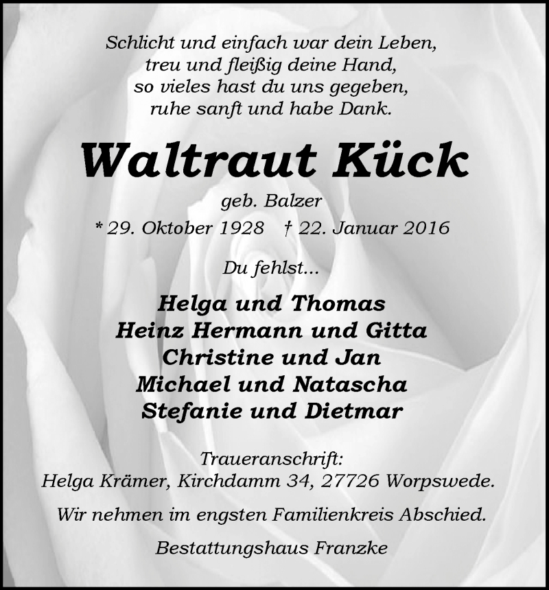 Traueranzeige von Waltraut Kück von Wuemme Zeitung