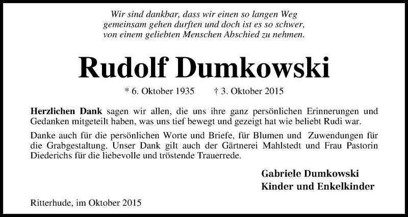  Traueranzeige für Rudolf Dumkowski vom 30.10.2015 aus Osterholzer Kreisblatt
