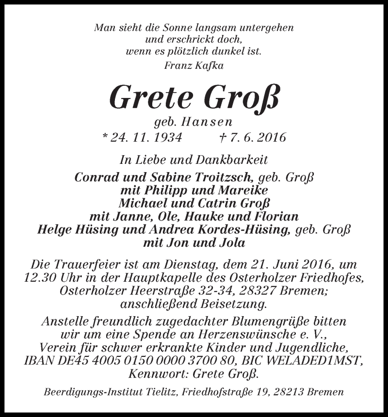Traueranzeige von Grete Groß von WESER-KURIER