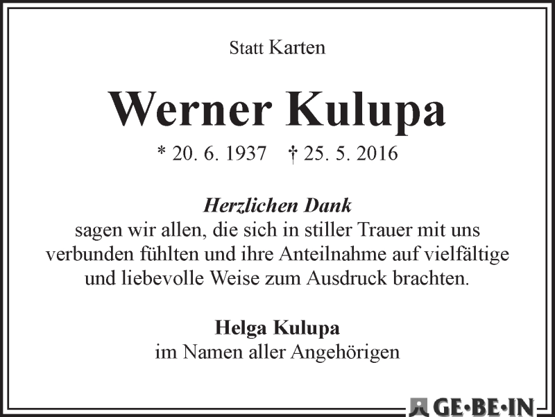 Traueranzeige von Werner Kulupa von WESER-KURIER
