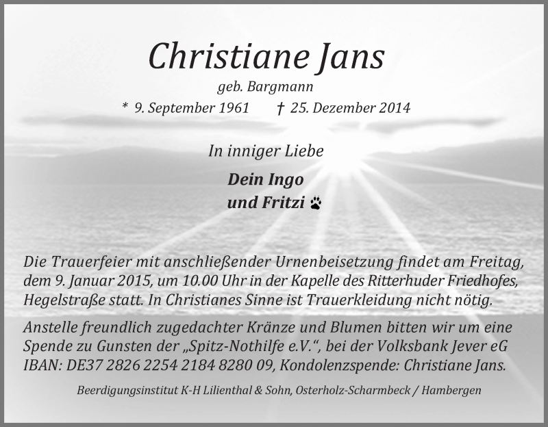  Traueranzeige für Christiane Jans vom 03.01.2015 aus Osterholzer Kreisblatt