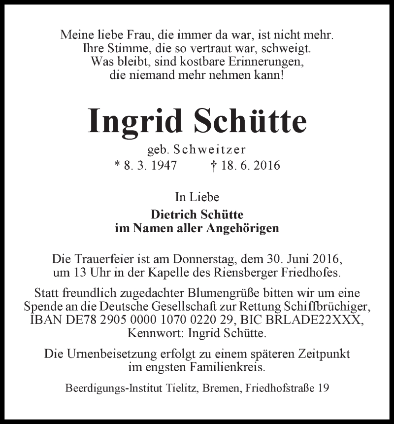 Traueranzeige von Ingrid Schütte von WESER-KURIER