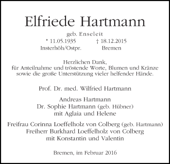 Traueranzeige von Elfriede Hartmann