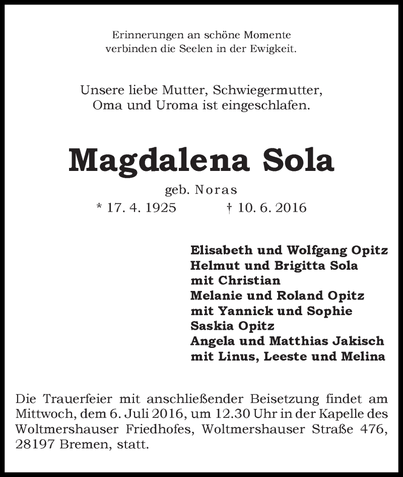 Traueranzeige von Magdalena Sola von WESER-KURIER
