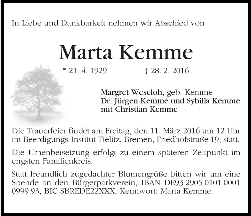 Traueranzeige von Marta Kemme von WESER-KURIER