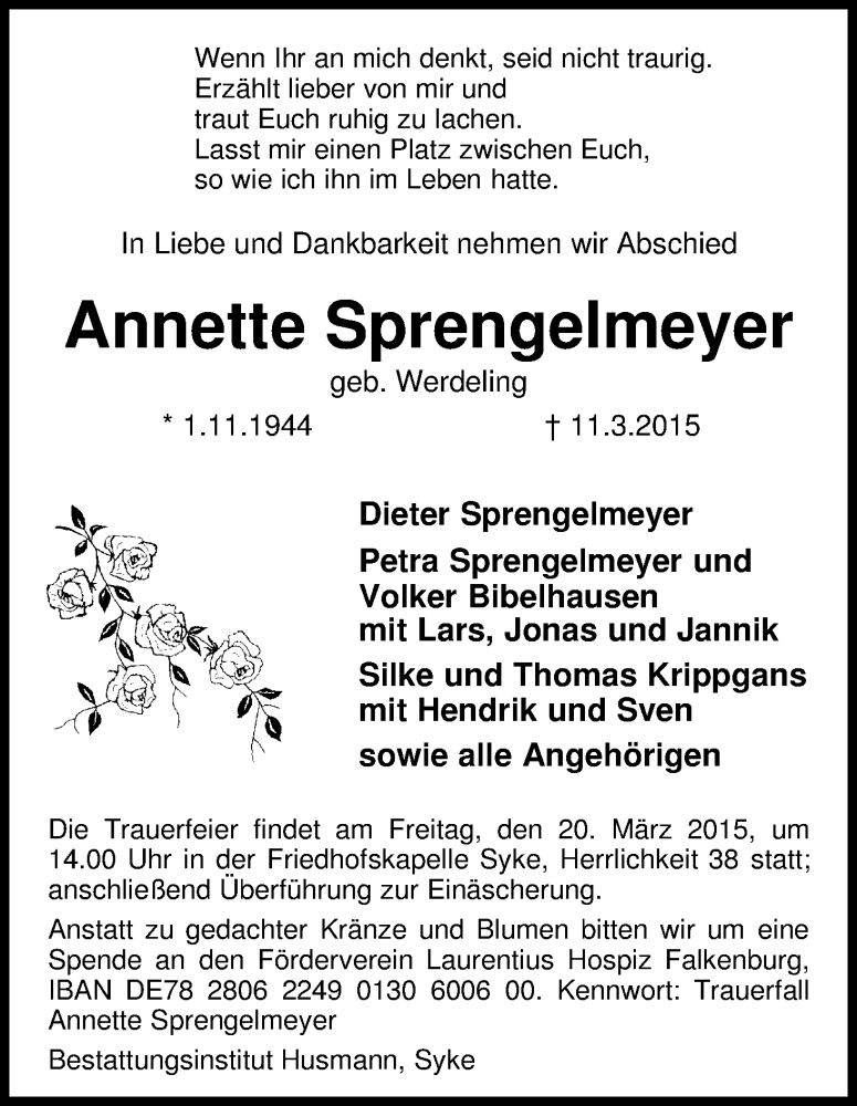  Traueranzeige für Annette Sprengelmeyer vom 14.03.2015 aus WESER-KURIER